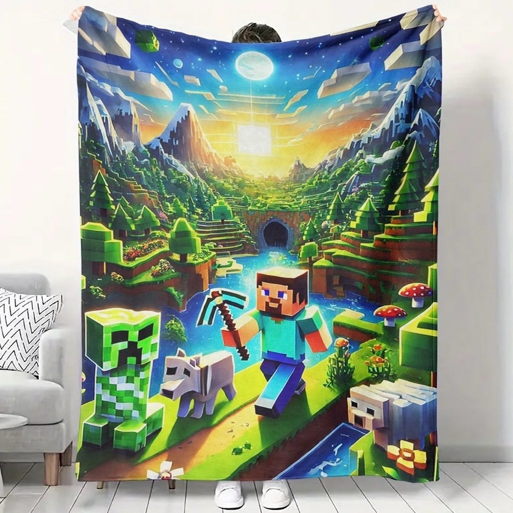 Minecraft Steve & Creeper Fleece Throw Blanket - Vibrant Blue Green 50x60